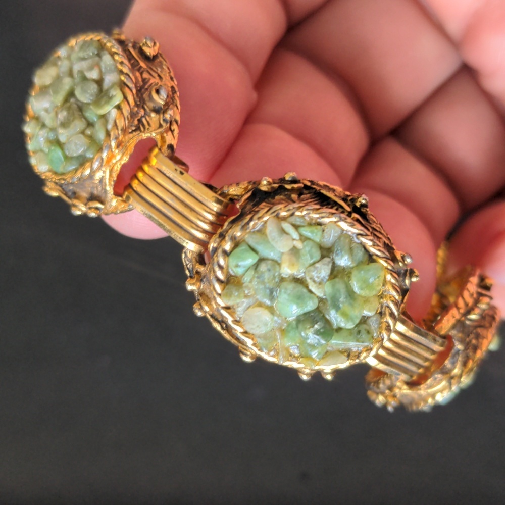 7" Vintage Victorian style link bracelet w natural jadeite jade stones